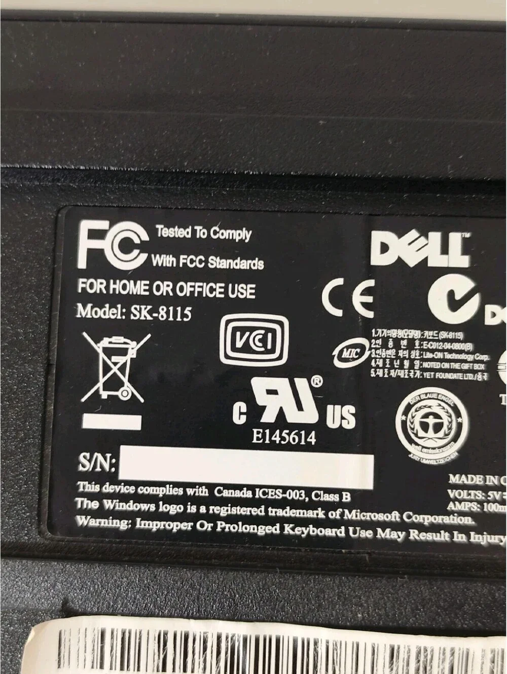 Used Dell Model SK-8115 QWERTY Black USB Wired Computer Keyboard With Mouse